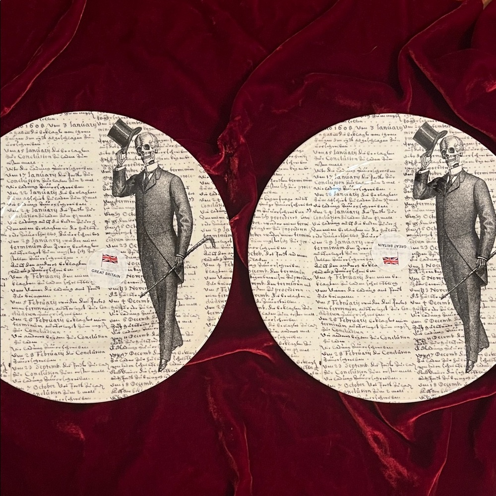 ROYAL STAFFORD Victorian Skeleton Gentleman Halloween Plate — Set of 2
